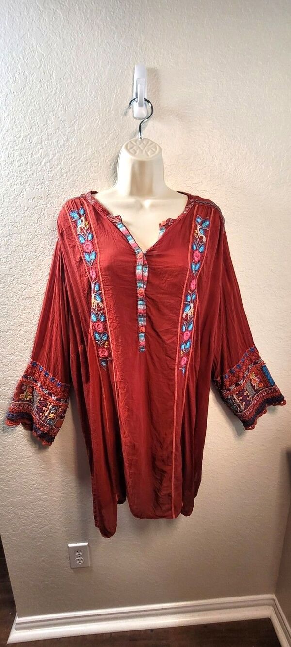 JOHNNY WAS 3x RED Tunic Embroidered Cupra - long sleeve Shirt Blouse Top HOLIDAY